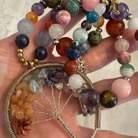 One of a Kind Genuine Gemstone Beads Tree of Life Chakra Pendant and Necklace - Picture 2 of 4